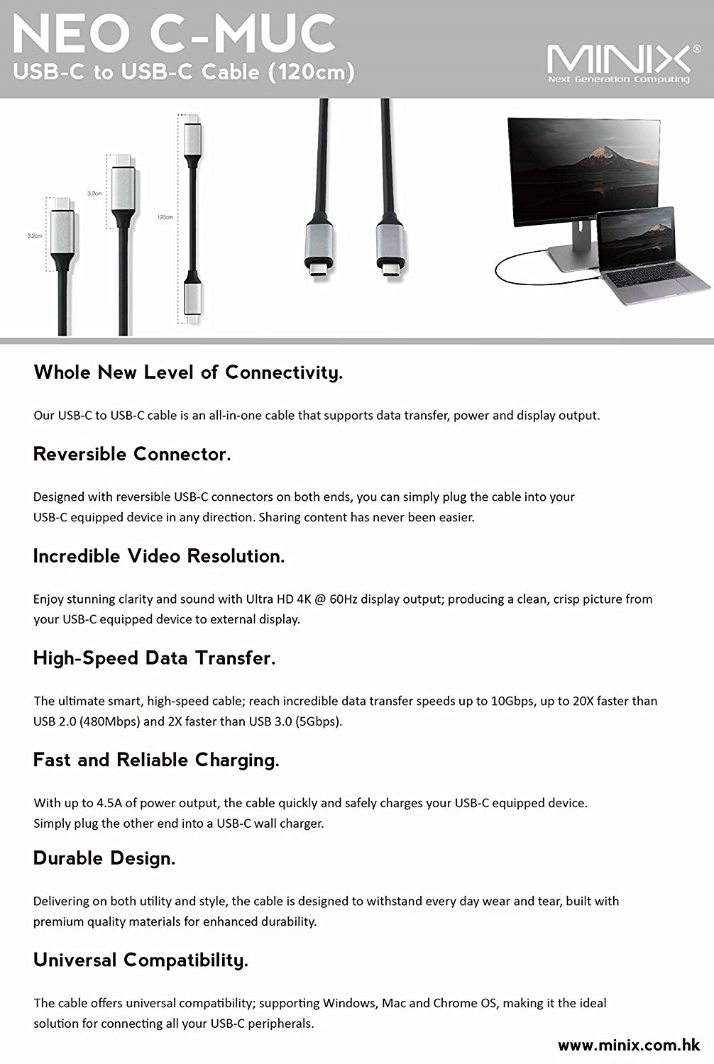 MINIX NEO C-MUC, Multi-Purpose USB-C to USB-C Cable (Length – 120cm) [Universal Compatibility – Windows, Mac and Chrome OS]